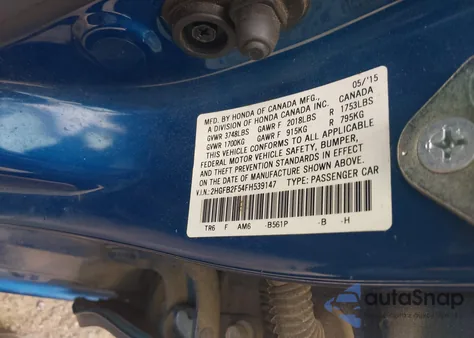 2015 Honda Civic Lx z USA, uszkodzony, nr VIN 2HGFB2F54FH539147